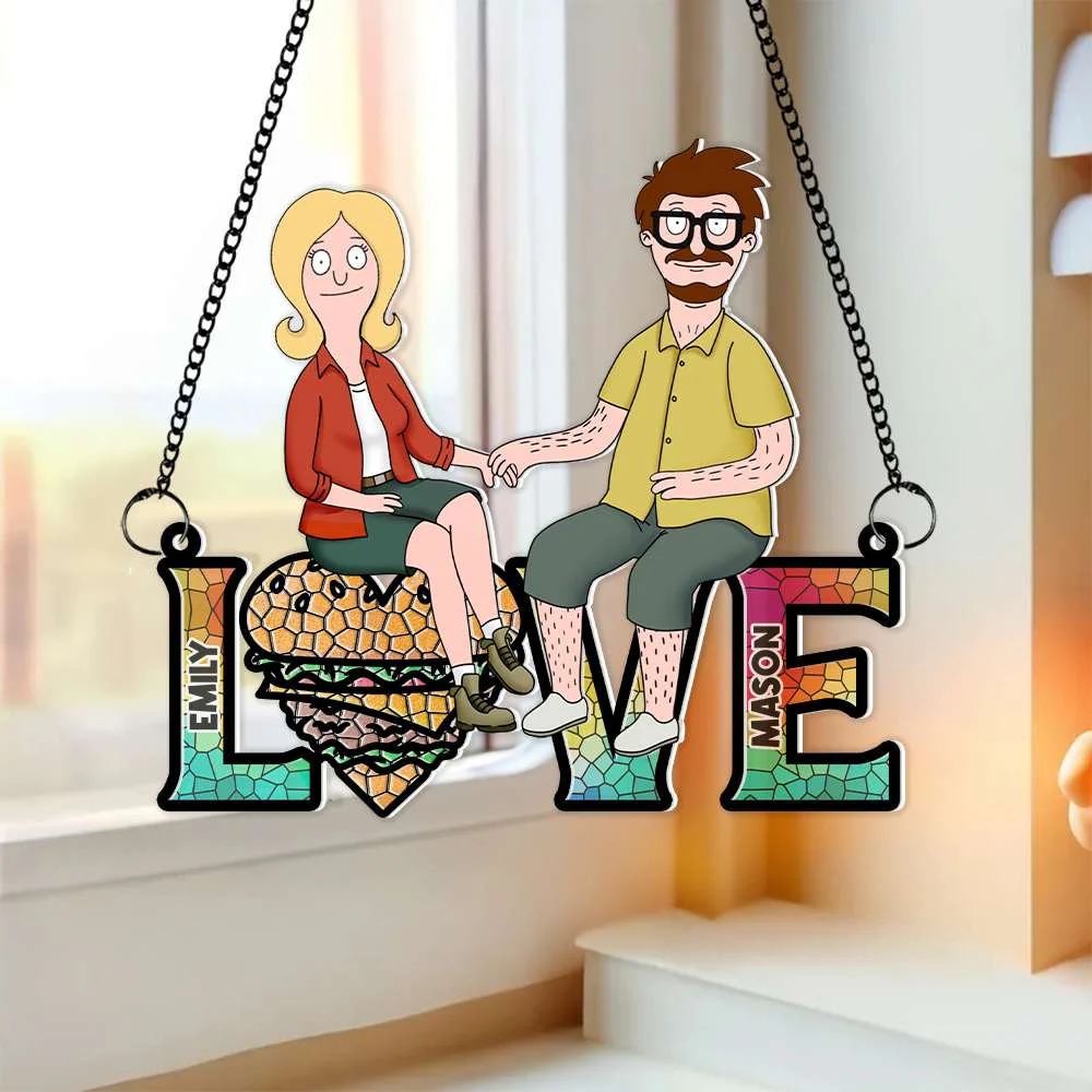 Funny Burgers Cartoon Couple Anniversary - Gift For Couple, Anniversary - Personalized Window Hanging Window Hanging Suncatcher Ornament | CL55 - Image 4