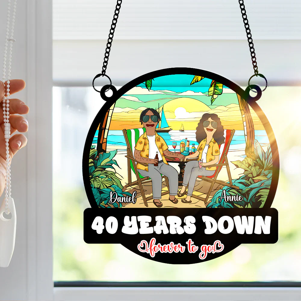 Funny Burgers Cartoon Couple Anniversary - Gift For Couple, Anniversary - Personalized Window Hanging Window Hanging Suncatcher Ornament | CL55 - Image 2
