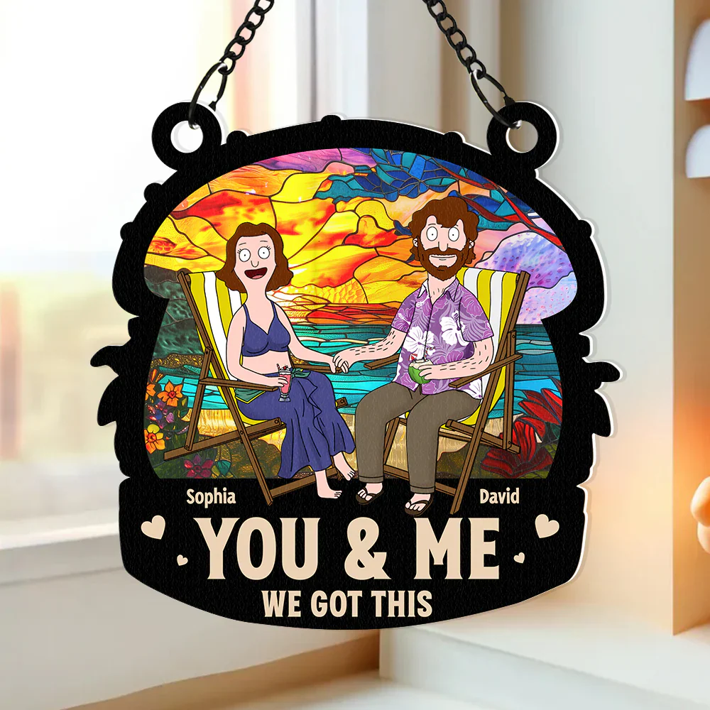 Funny Burgers Cartoon Couple Beach Anniversary - Gift For Couple, Anniversary - Personalized Window Hanging Window Hanging Suncatcher Ornament | CL55