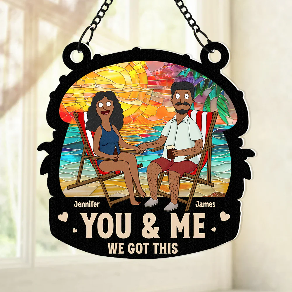 Funny Burgers Cartoon Couple Beach Anniversary - Gift For Couple, Anniversary - Personalized Window Hanging Window Hanging Suncatcher Ornament | CL55 - Image 2