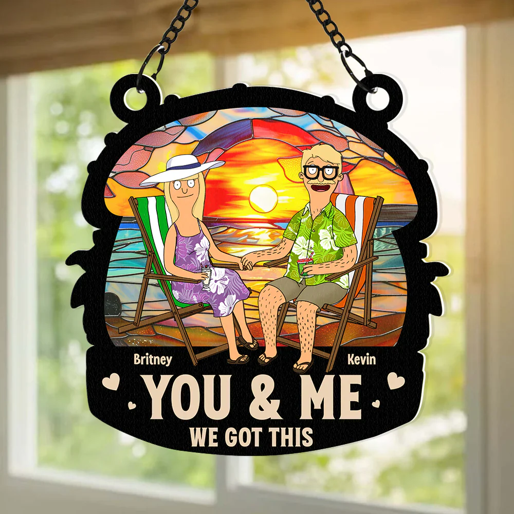 Funny Burgers Cartoon Couple Beach Anniversary - Gift For Couple, Anniversary - Personalized Window Hanging Window Hanging Suncatcher Ornament | CL55 - Image 3