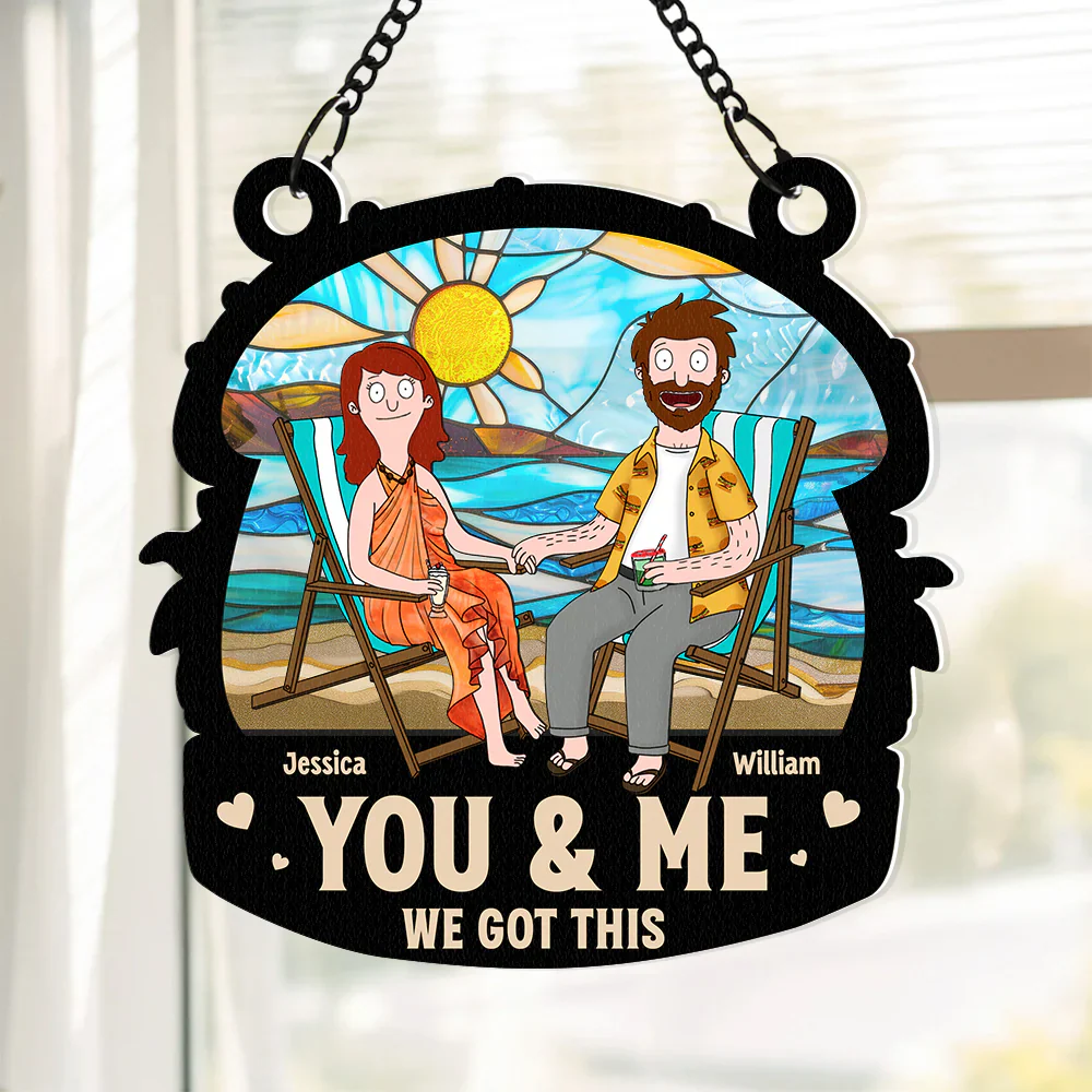 Funny Burgers Cartoon Couple Beach Anniversary - Gift For Couple, Anniversary - Personalized Window Hanging Window Hanging Suncatcher Ornament | CL55 - Image 4