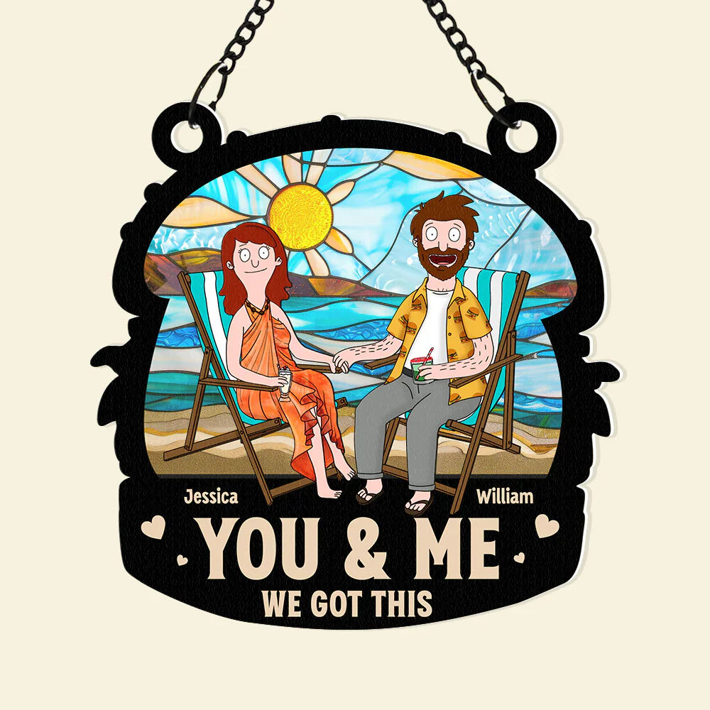 Funny Burgers Cartoon Couple Beach Anniversary - Gift For Couple, Anniversary - Personalized Window Hanging Window Hanging Suncatcher Ornament | CL55 - Image 5