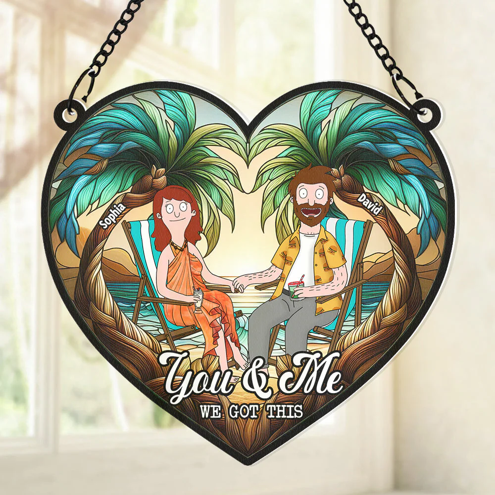 Funny Burgers Cartoon Couple Beach Anniversary - Gift For Couple, Anniversary - Personalized Window Hanging Window Hanging Suncatcher Ornament | CL55
