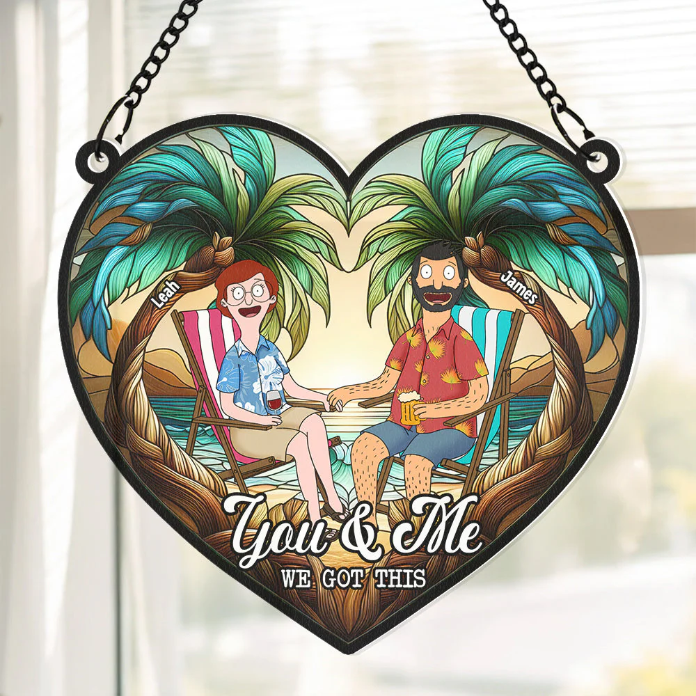 Funny Burgers Cartoon Couple Beach Anniversary - Gift For Couple, Anniversary - Personalized Window Hanging Window Hanging Suncatcher Ornament | CL55 - Image 3
