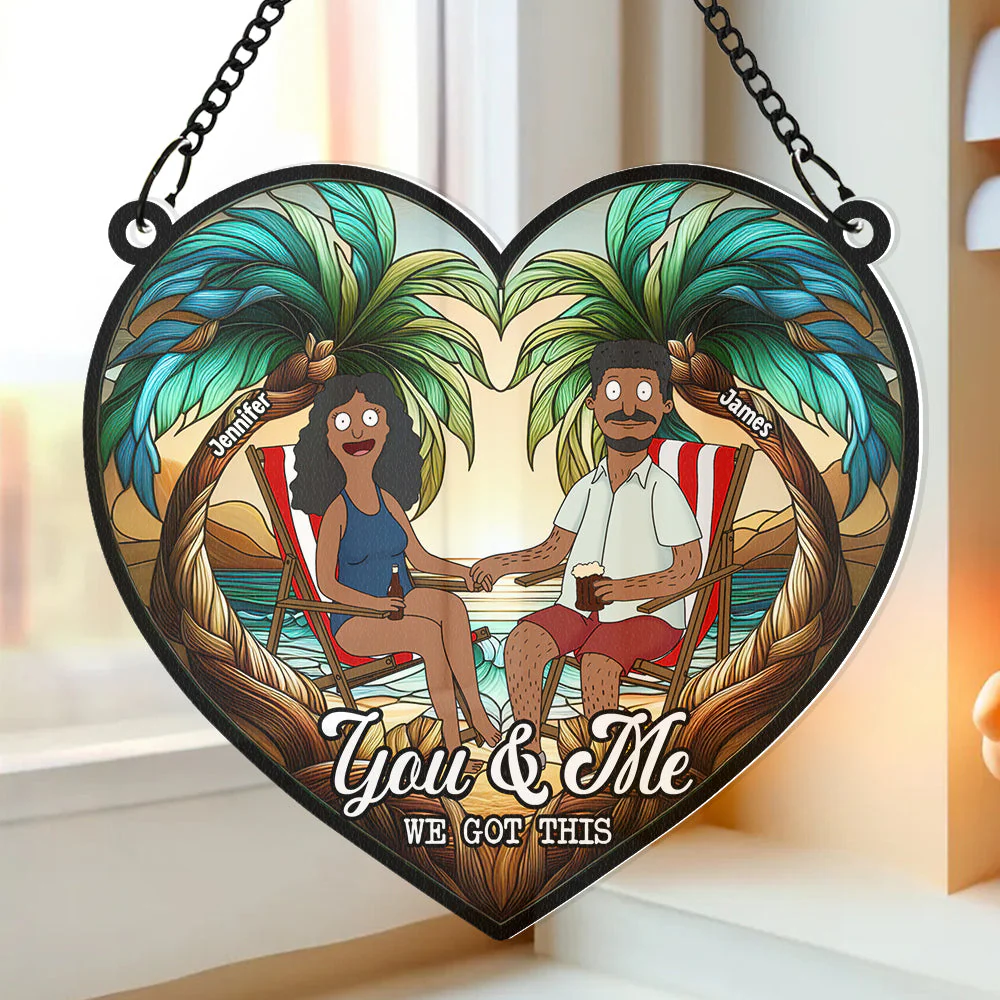 Funny Burgers Cartoon Couple Beach Anniversary - Gift For Couple, Anniversary - Personalized Window Hanging Window Hanging Suncatcher Ornament | CL55 - Image 4