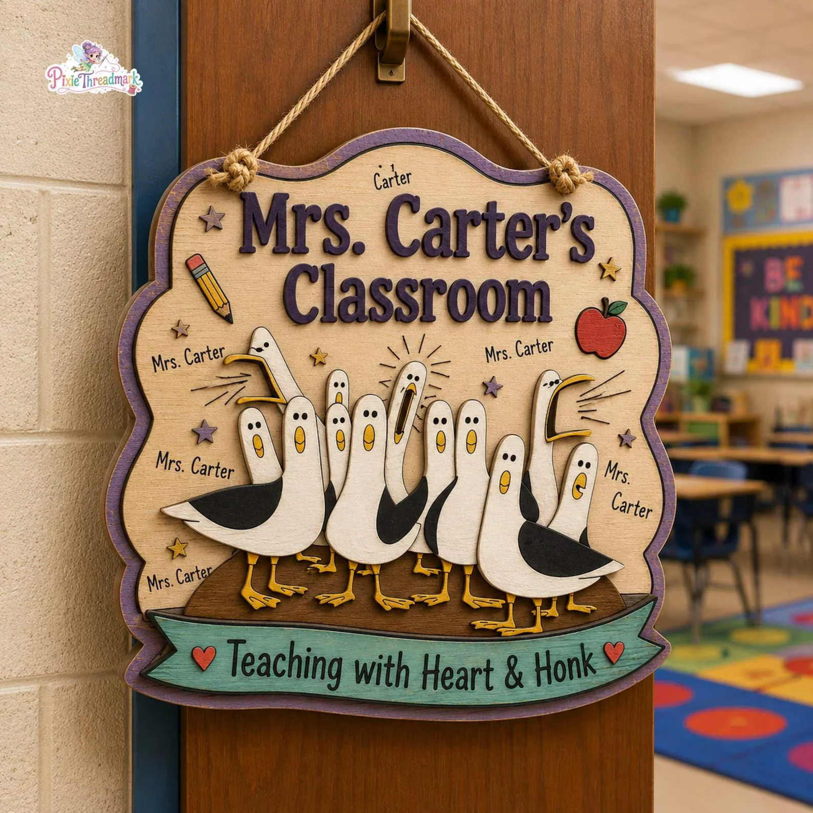 Funny Classroom Teaching With Heart & Honk - Personalized Shaped Wood Sign - Gift For Teacher
