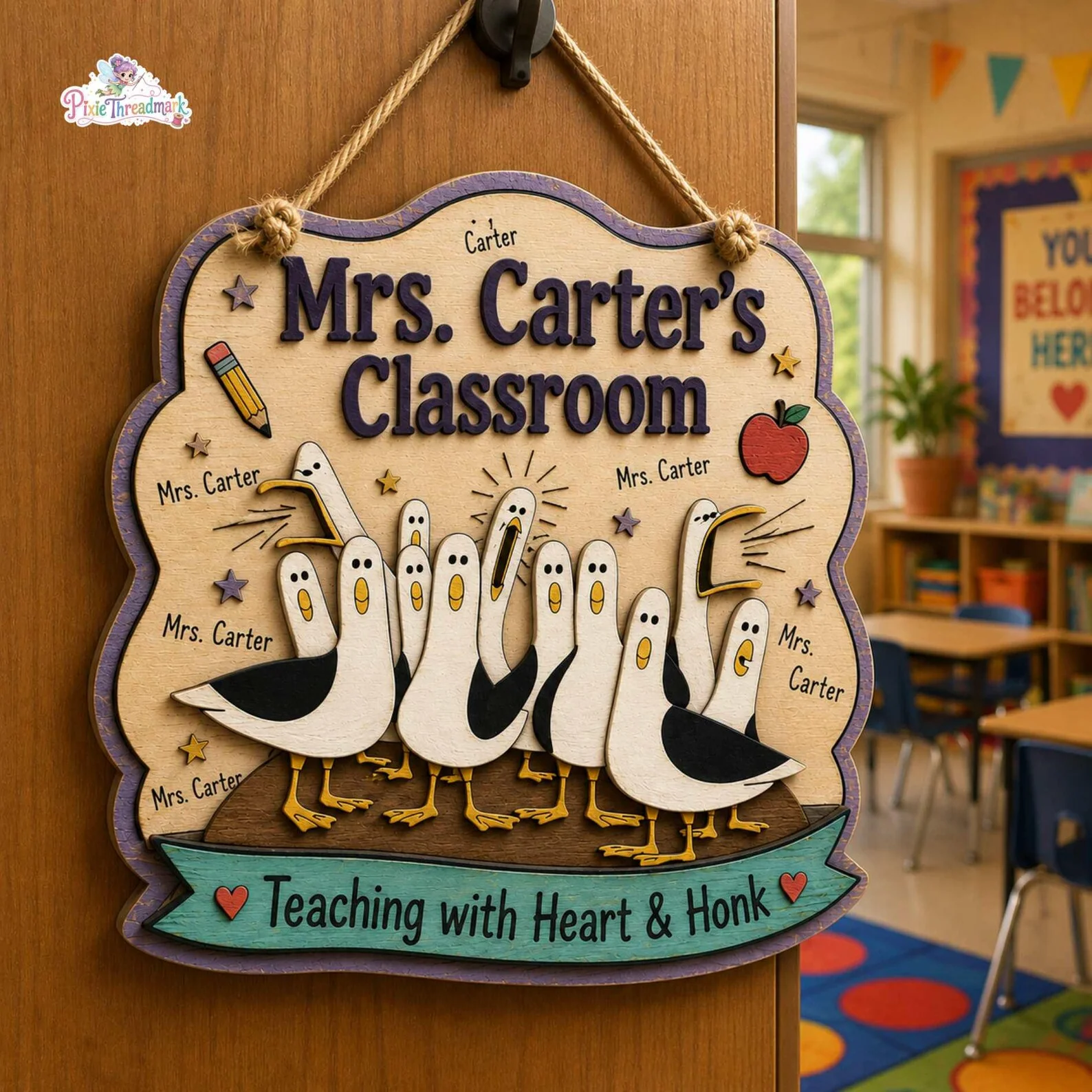 Funny Classroom Teaching With Heart & Honk - Personalized Shaped Wood Sign - Gift For Teacher - Image 2