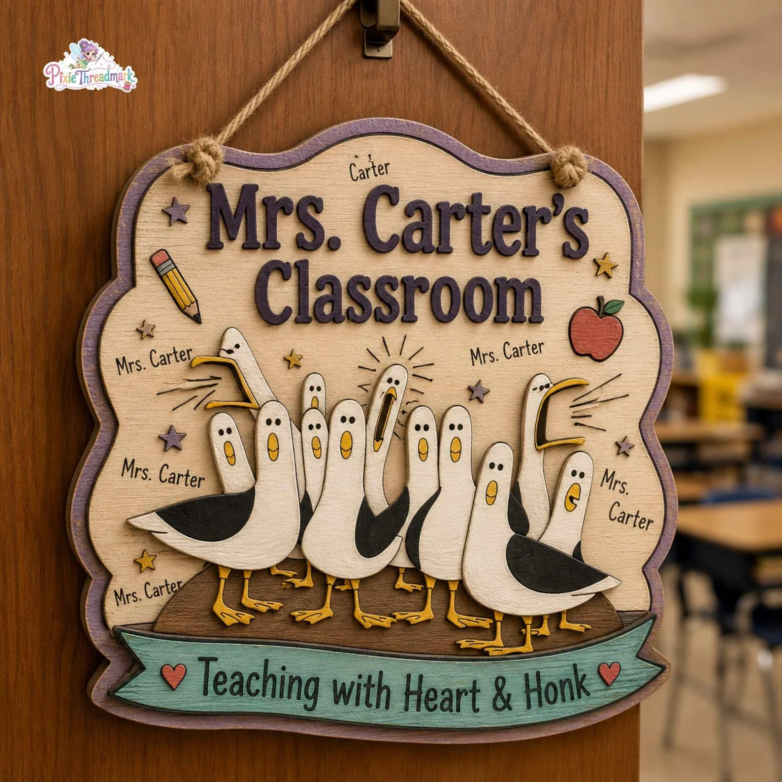 Funny Classroom Teaching With Heart & Honk - Personalized Shaped Wood Sign - Gift For Teacher - Image 3