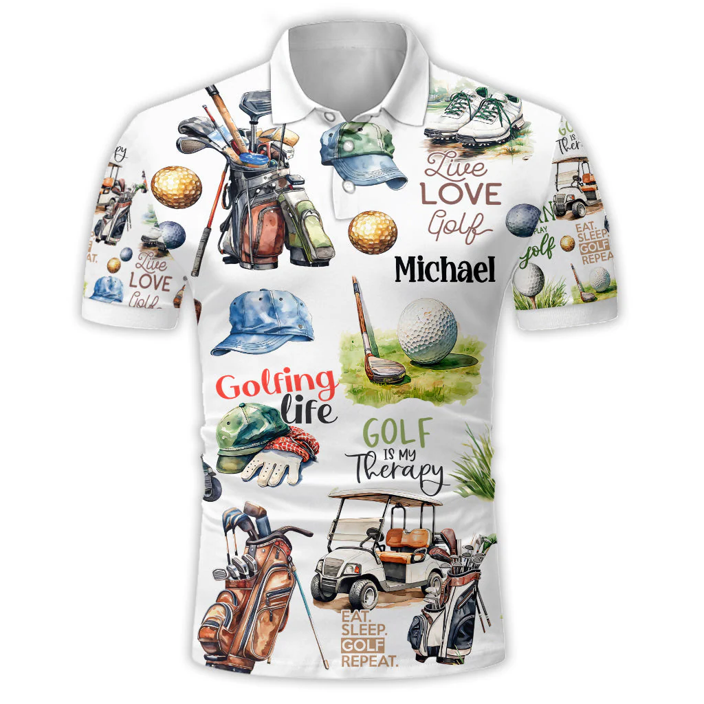 Funny Custom Photo Golf Is My Therapy Live Love Golf -  Personalized Men Polo Shirt - Gift For Dad, Grandpa - Image 3