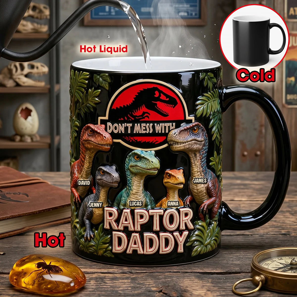 Funny Don’t Mess With Raptor Daddy Dinosaur - Personalized Color Changing Mug - Gift For Dad