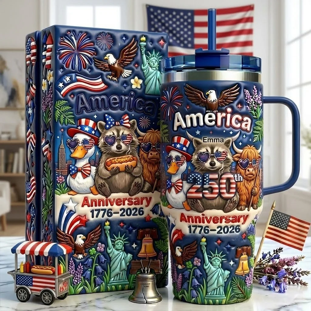 Funny Duck Raccoon Highland Cow America 250th Anniversary - Personalized Tumbler - Gift For Patriots