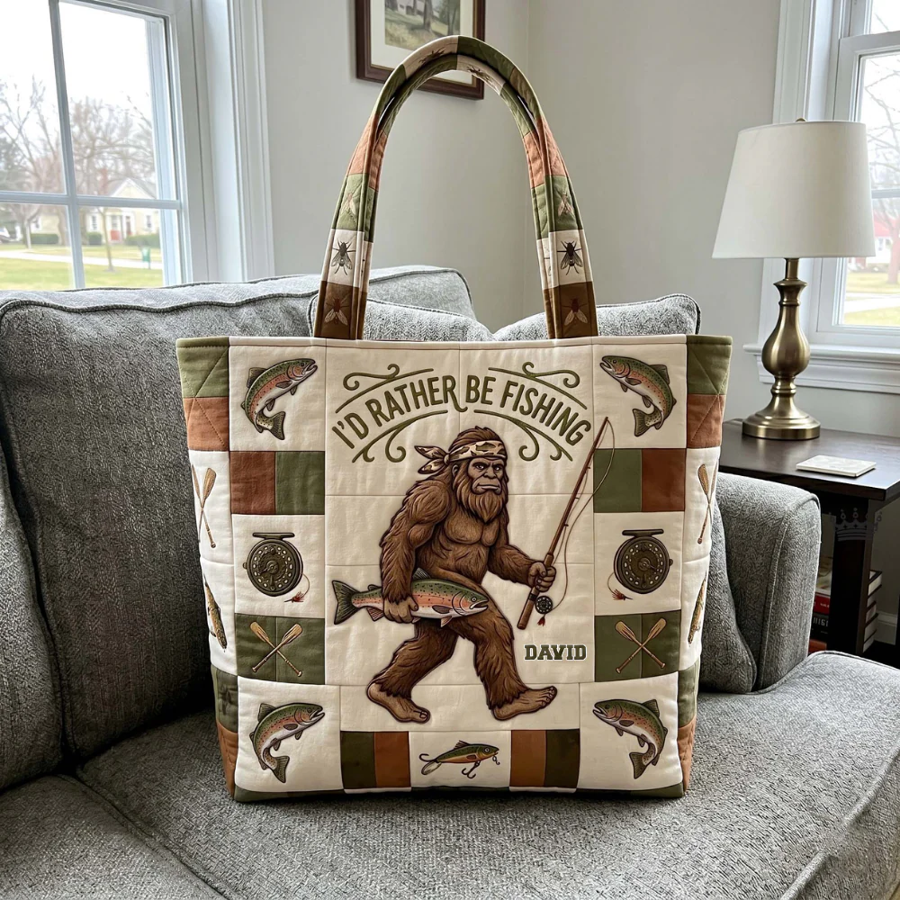 Funny Id Rather Be Fishing Bigfoot - Personalized Quilted Tote Bag - Gift For Him, Dad
