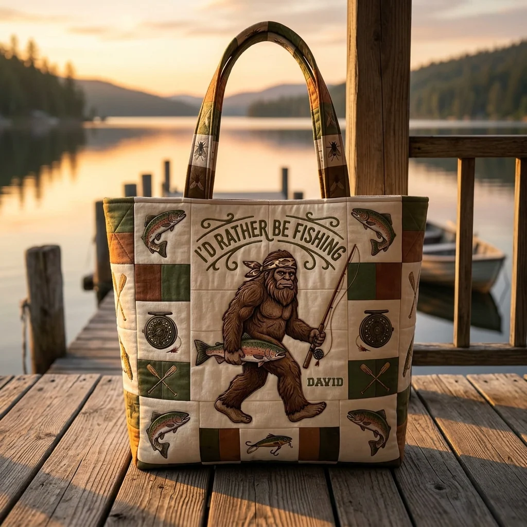 Funny Id Rather Be Fishing Bigfoot - Personalized Quilted Tote Bag - Gift For Him, Dad - Image 2
