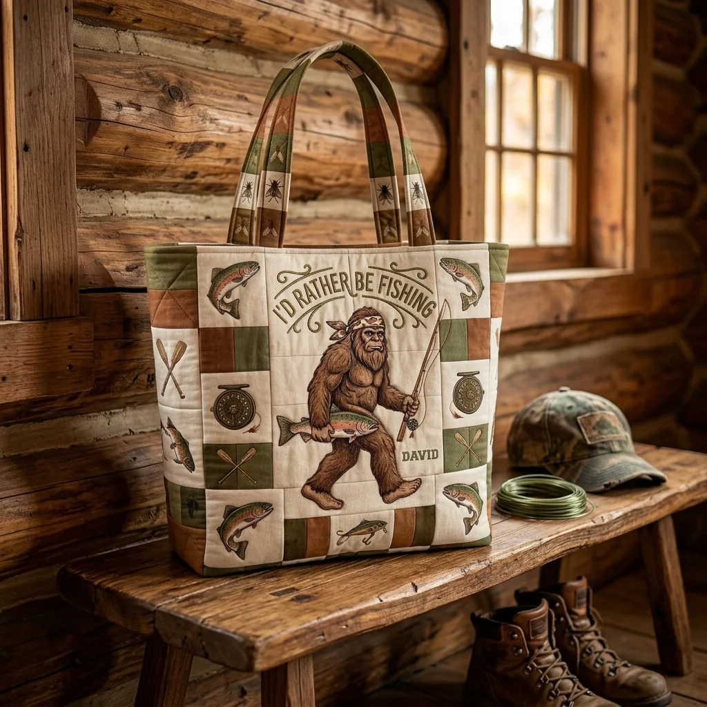 Funny Id Rather Be Fishing Bigfoot - Personalized Quilted Tote Bag - Gift For Him, Dad - Image 3