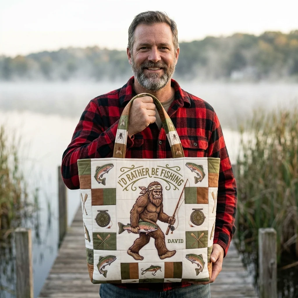 Funny Id Rather Be Fishing Bigfoot - Personalized Quilted Tote Bag - Gift For Him, Dad - Image 4