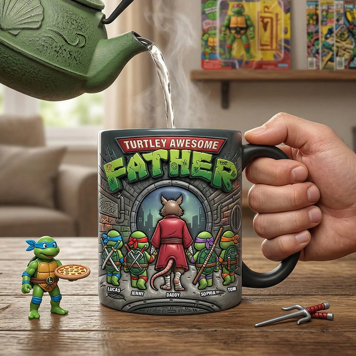 Funny Ninja Turtley Awesome Father - Personalized Color Changing Mug - Gifts For Dad