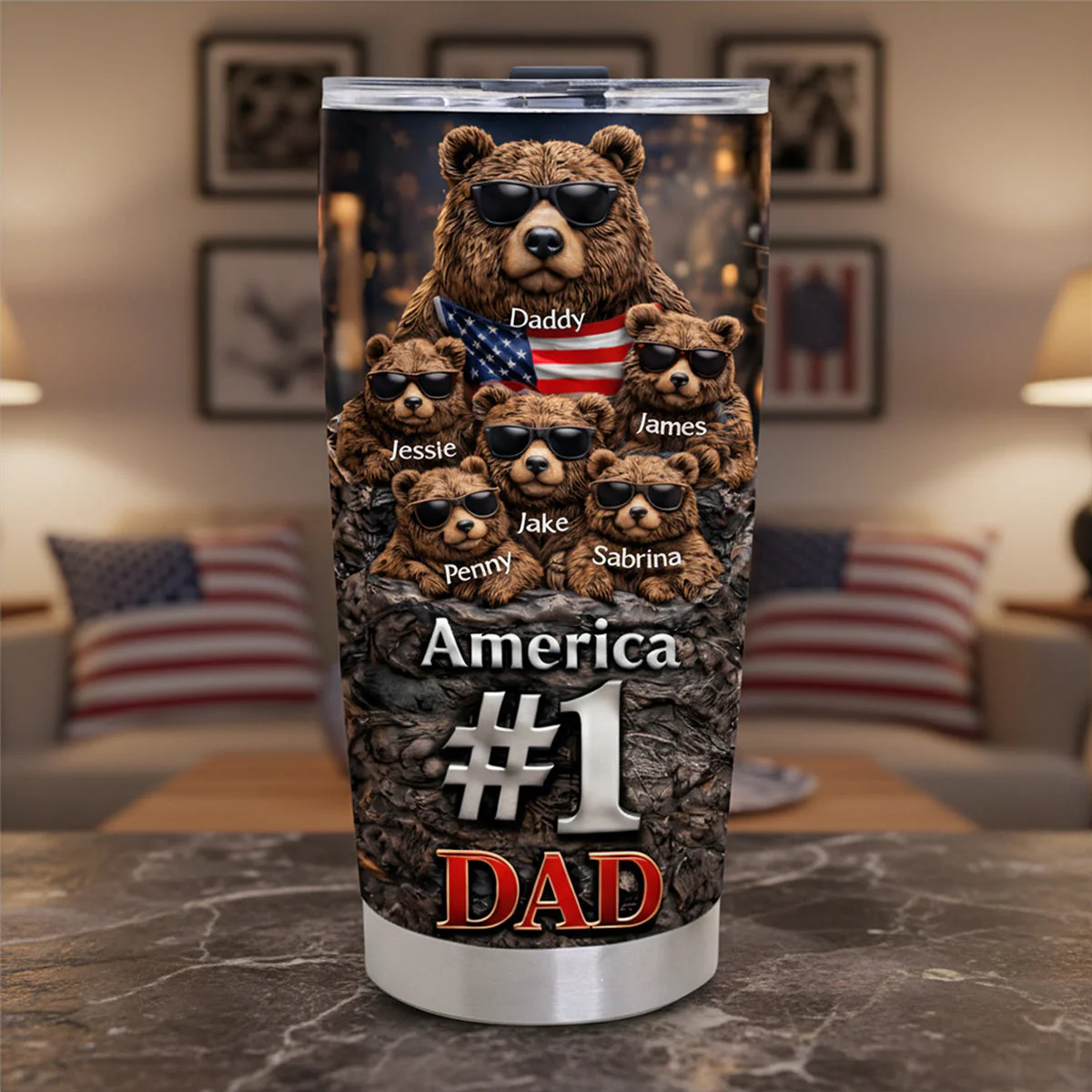 Funny Patriotic Bears with Sunglasses American Flag - Personalized Tumbler - Gift For Dad - Image 3