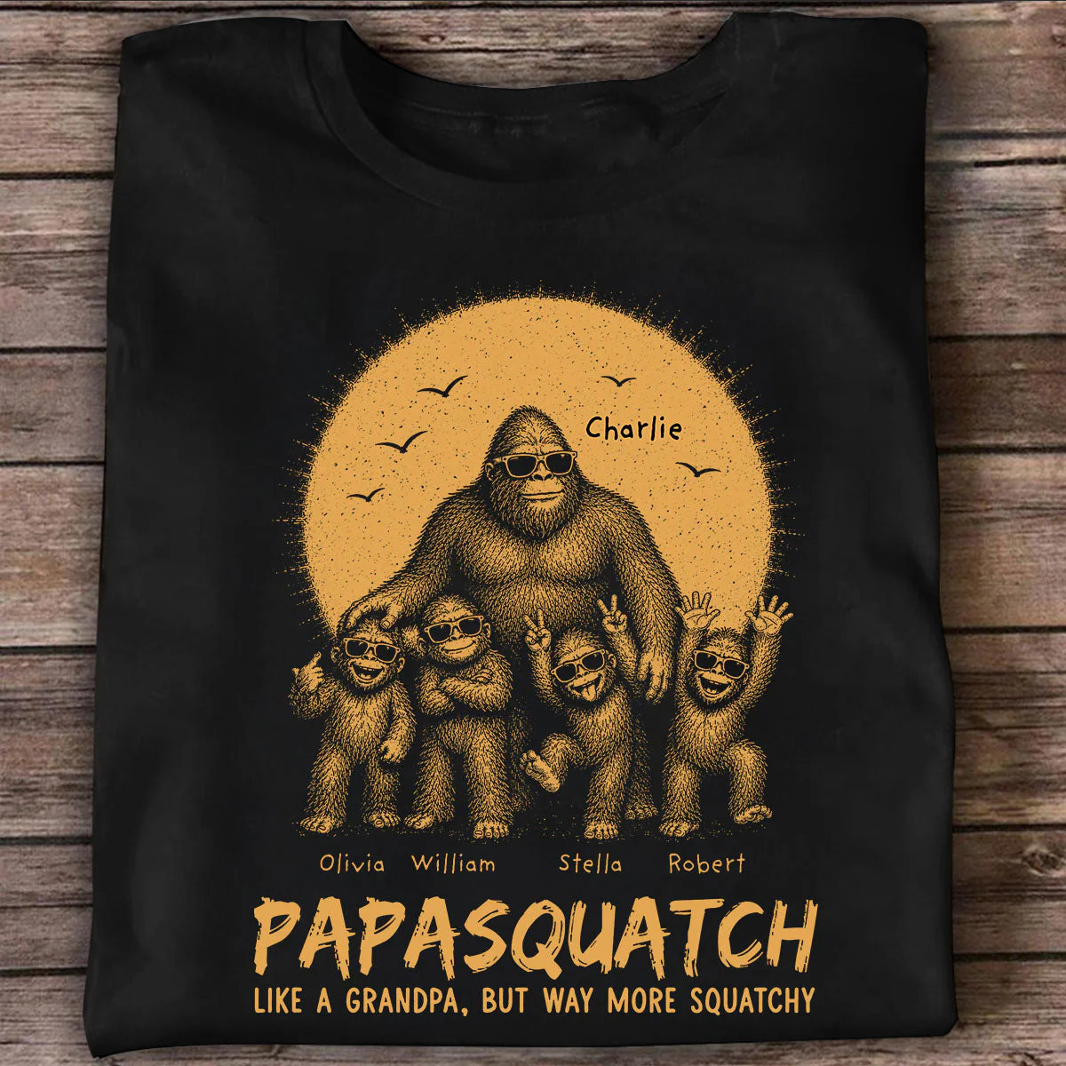 Funny Retro Yellow Vintage Papasquatch Like A Dad Grandpa But Way More Squatchy - Personalized Shirt - Gift For Dad, Grandpa