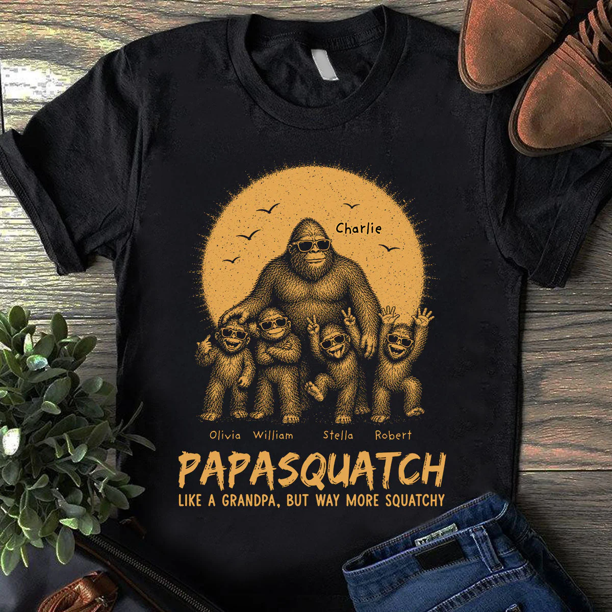 Funny Retro Yellow Vintage Papasquatch Like A Dad Grandpa But Way More Squatchy - Personalized Shirt - Gift For Dad, Grandpa - Image 2