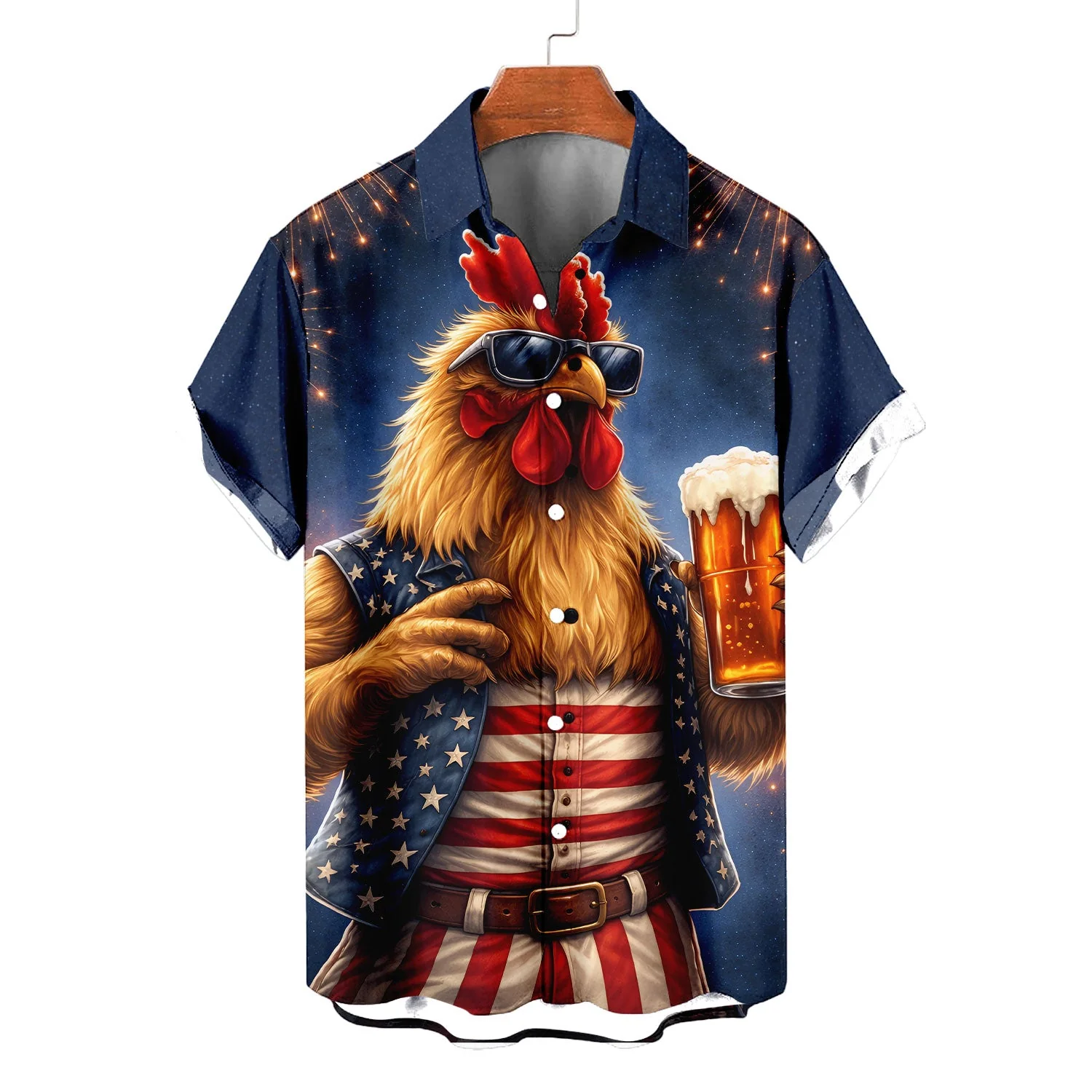 Funny Rooster Drinking Beer American Flag Aloha - Hawaiian Shirt - Gift For Him - Image 2