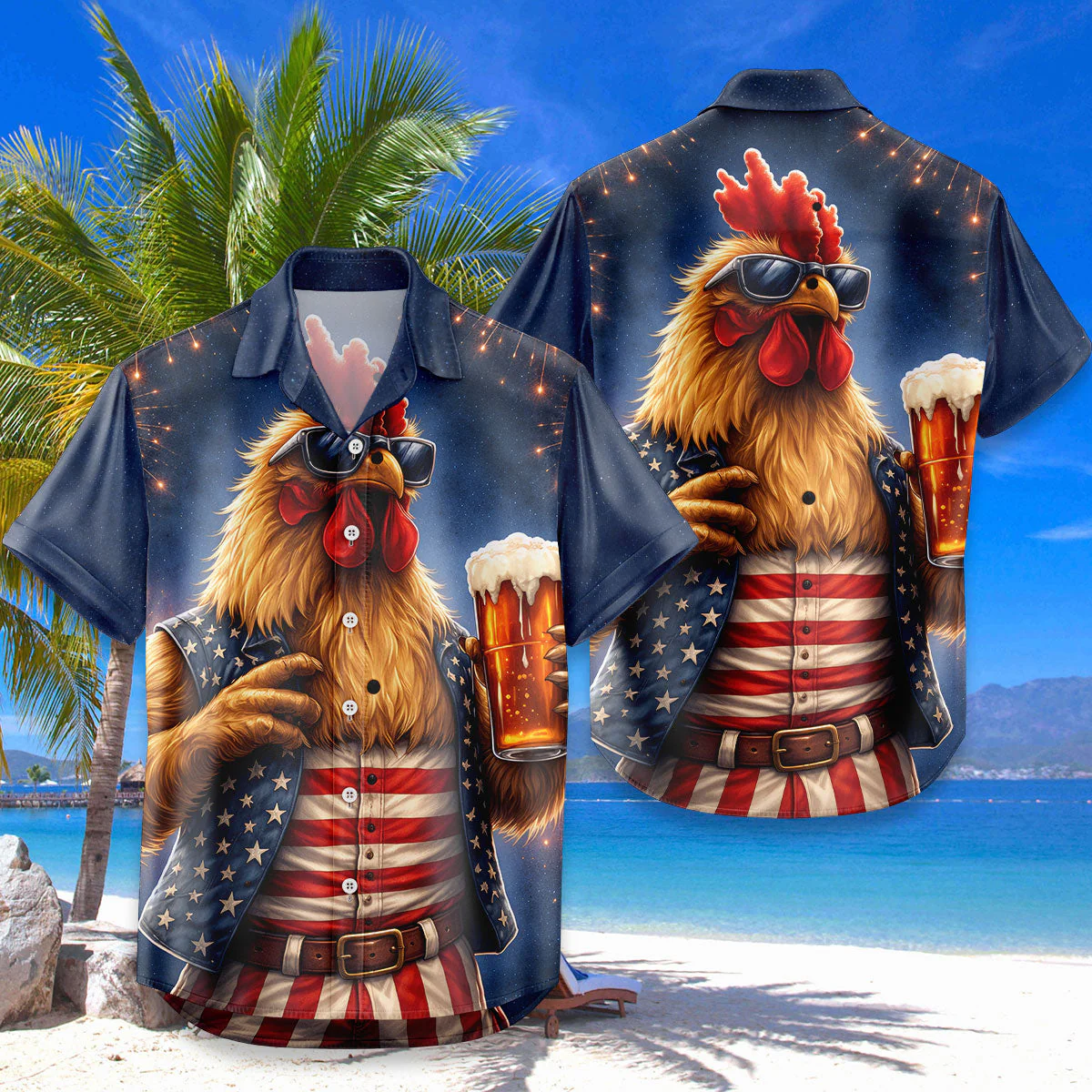 Funny Rooster Drinking Beer American Flag Aloha - Hawaiian Shirt - Gift For Him - Image 4
