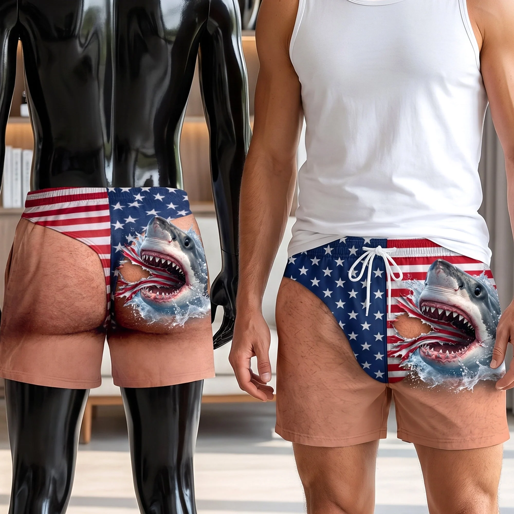 Custom Funny Shark American Flag Swim Trunks Summer Vacation - Personalized Beach Short - Gifts For Men, Patriots - Image 4