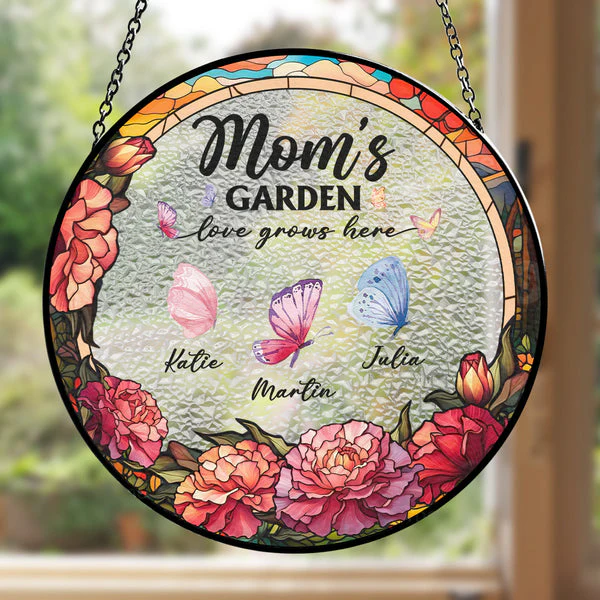 Garden Of Love Butterflies Pattern - Personalized Stained Glass Window Hanging Suncatcher - Gift For Mom, Grandma, Mother's Day | NA94