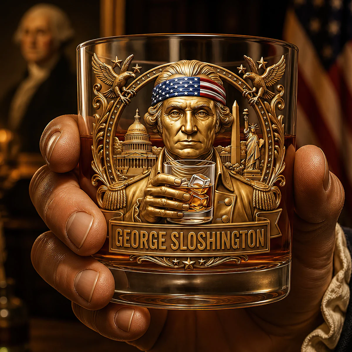 George Sloshington Funny Patriotic Design - Personalized Whiskey Glass - Gift For Him
