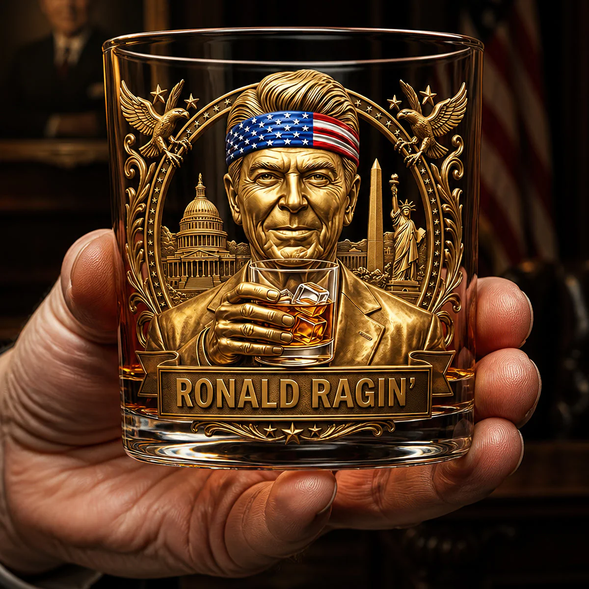 George Sloshington Funny Patriotic Design - Personalized Whiskey Glass - Gift For Him - Image 3