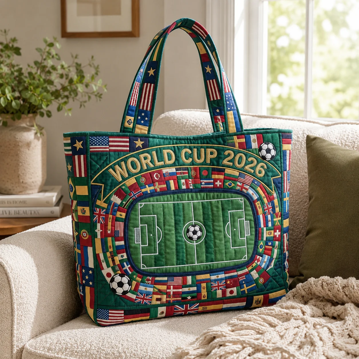 Global Kickoff World Cup 2026 Football Stadium And International Flags - Personalized Quilted Tote Bag - Gift For Soccer Fans