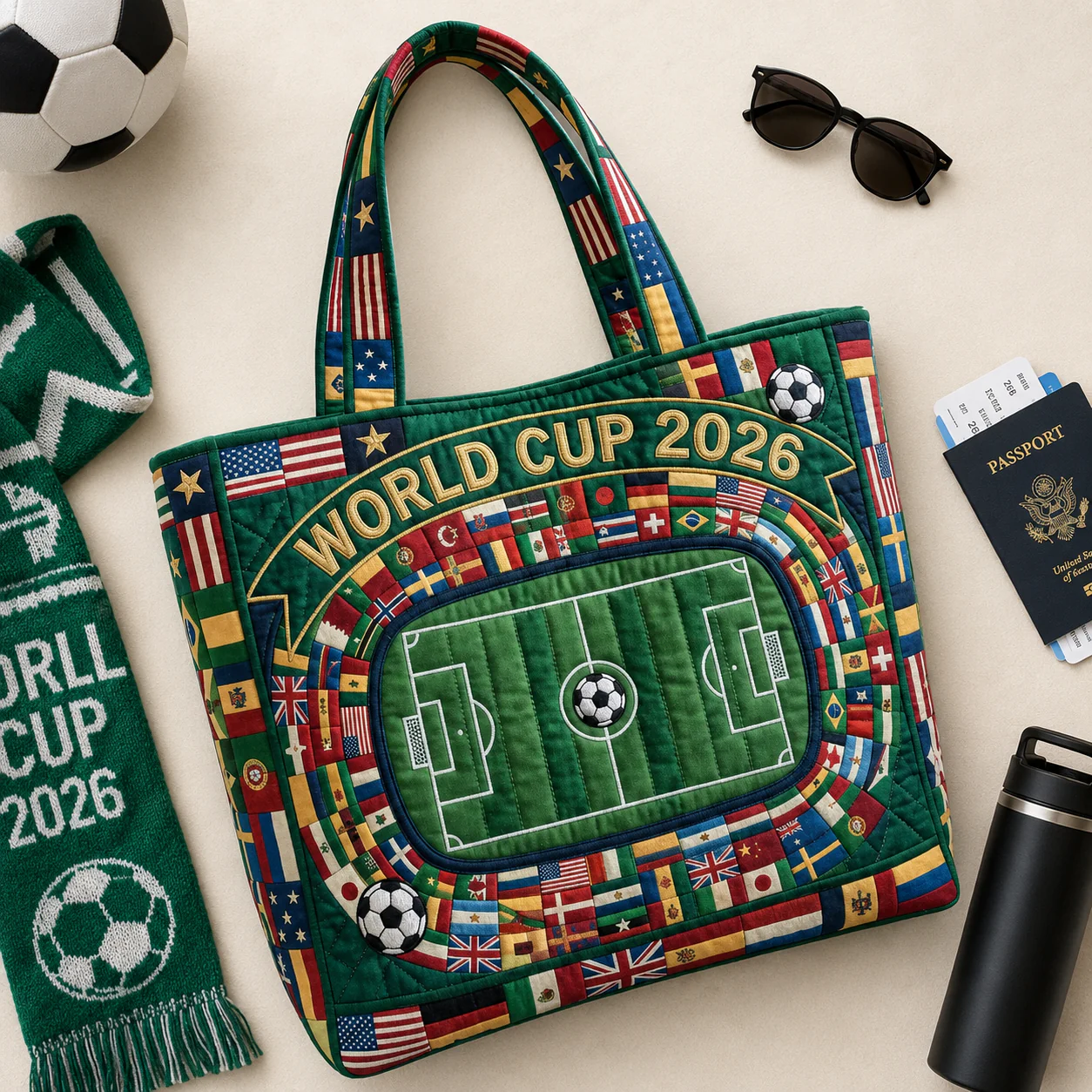 Global Kickoff World Cup 2026 Football Stadium And International Flags - Personalized Quilted Tote Bag - Gift For Soccer Fans - Image 2