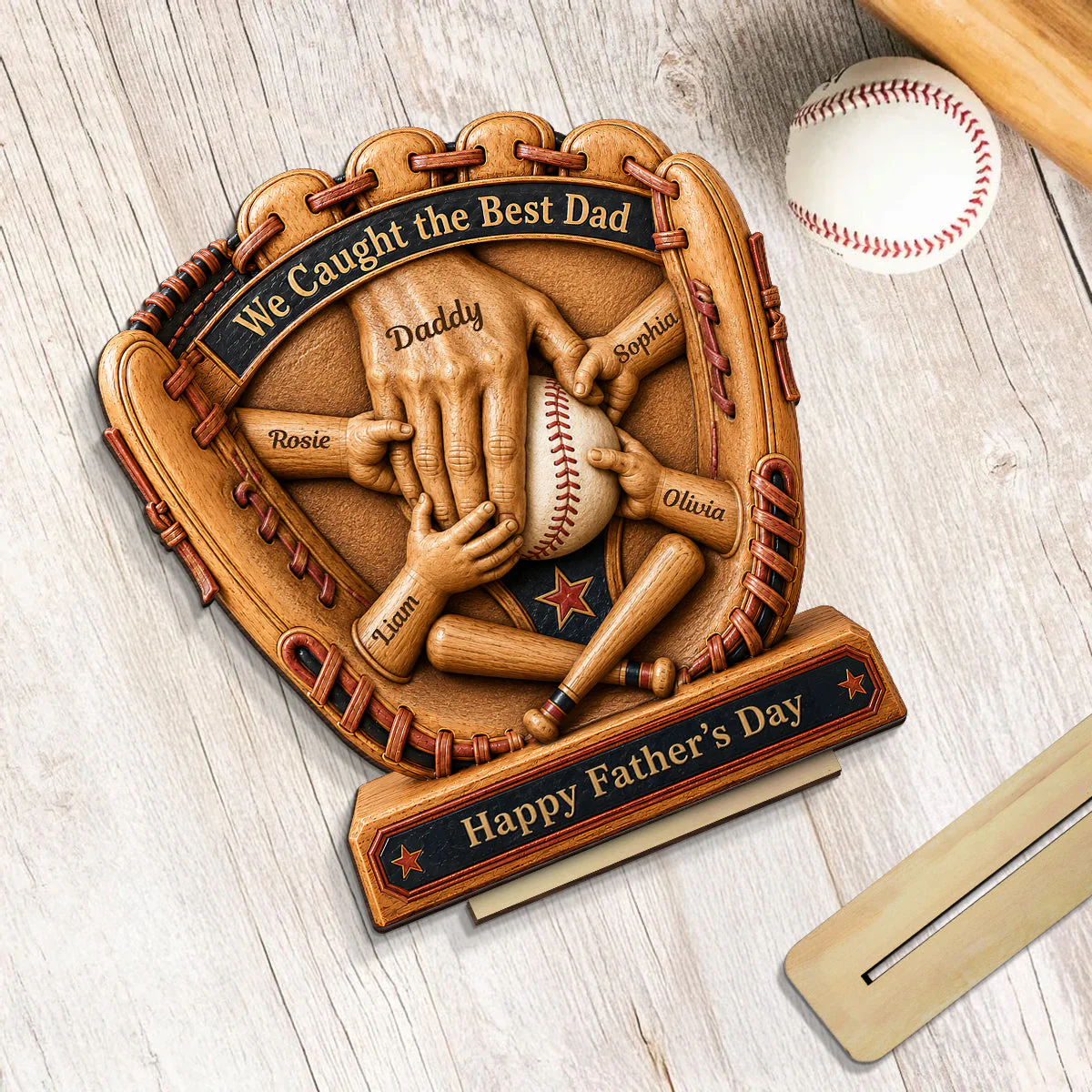 Glove Dad And Kid's Hands We Caught The Best Baseball Dad - Personalized Standing Wooden Plaque - Gift For Dad, Baseball Lovers - Image 6