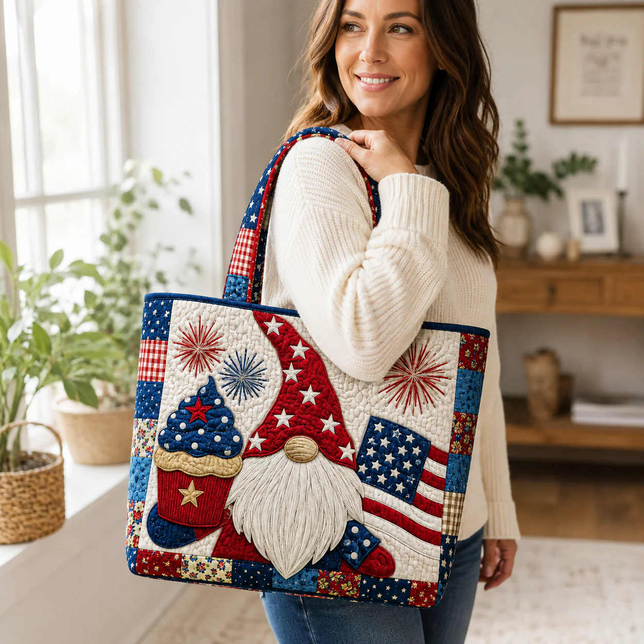 Gnome Cupcake American Flag Fireworks - Quilted Tote Bag - Patriotic Gift For Her - Image 2