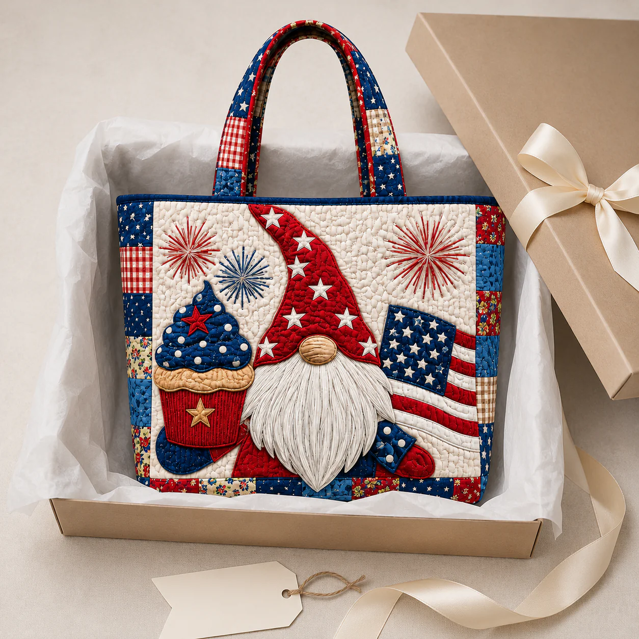 Gnome Cupcake American Flag Fireworks - Quilted Tote Bag - Patriotic Gift For Her - Image 3