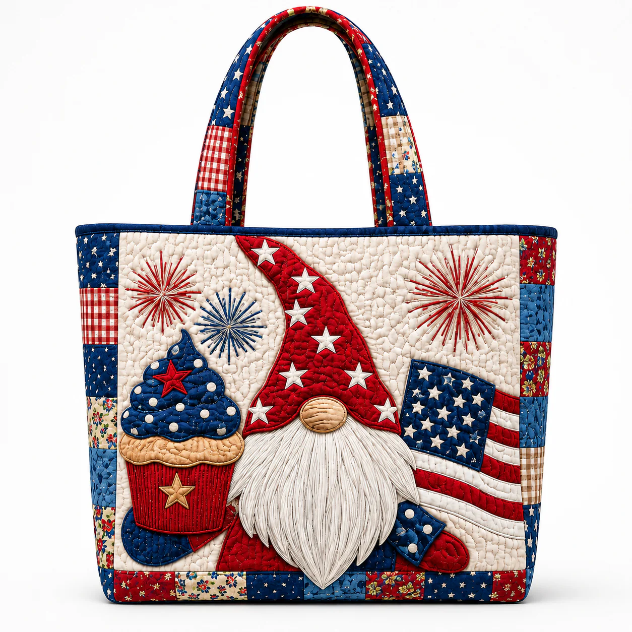 Gnome Cupcake American Flag Fireworks - Quilted Tote Bag - Patriotic Gift For Her - Image 4