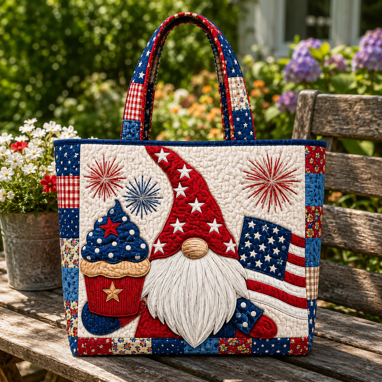 Gnome Cupcake American Flag Fireworks - Quilted Tote Bag - Patriotic Gift For Her - Image 5