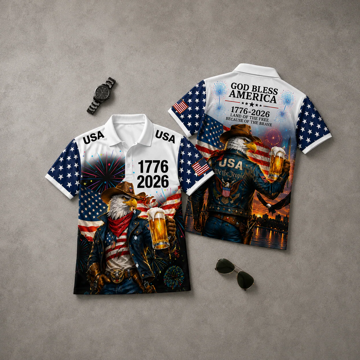 God Bless America Cowboy Eagle Beer 1776 2026 - Personalized Polo Shirt - Gift For Him - Image 6