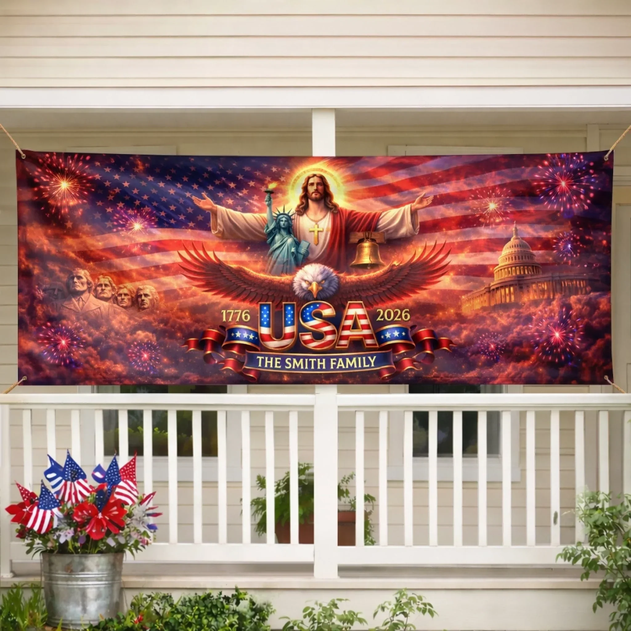 God Bless America Fireworks Courage Lights The Way - Personalized Outdoor Banner - Gift For Patriotic Family