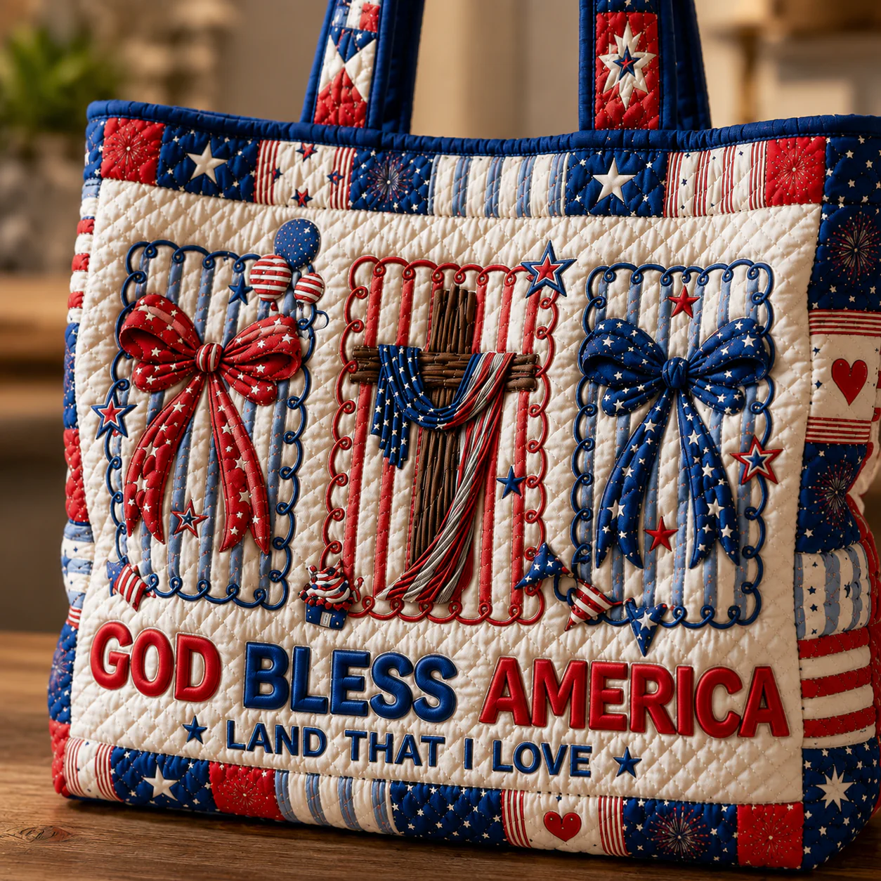 God Bless America Land That I Love - Quilted Tote Bag - Patriotic Gift For Her - Image 3