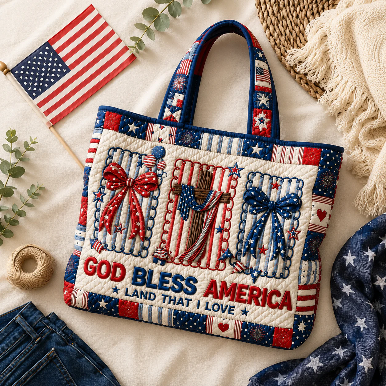God Bless America Land That I Love - Quilted Tote Bag - Patriotic Gift For Her - Image 5
