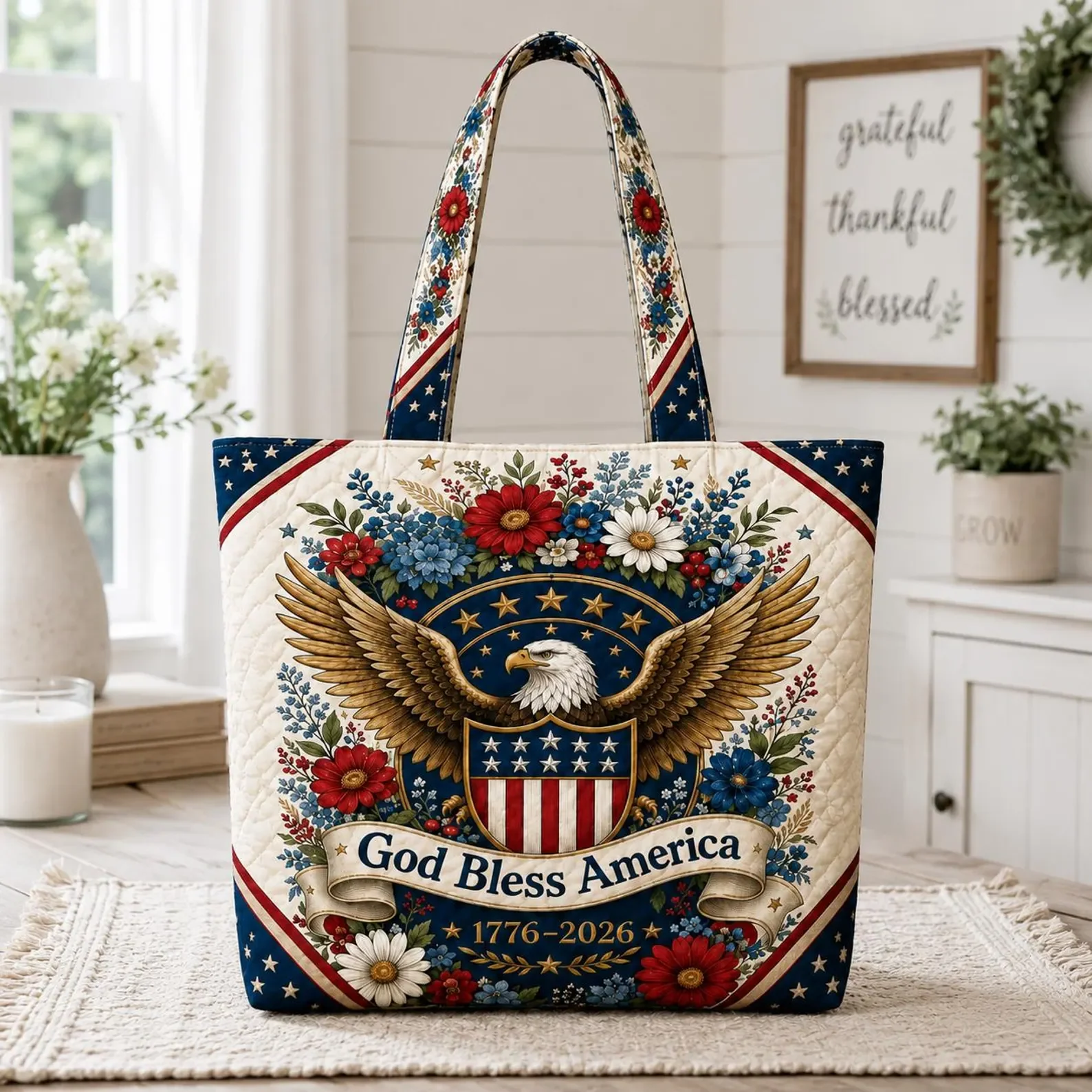 God Bless America Patriotic Eagle Floral - Quilted Tote Bag - Gift For Patriots