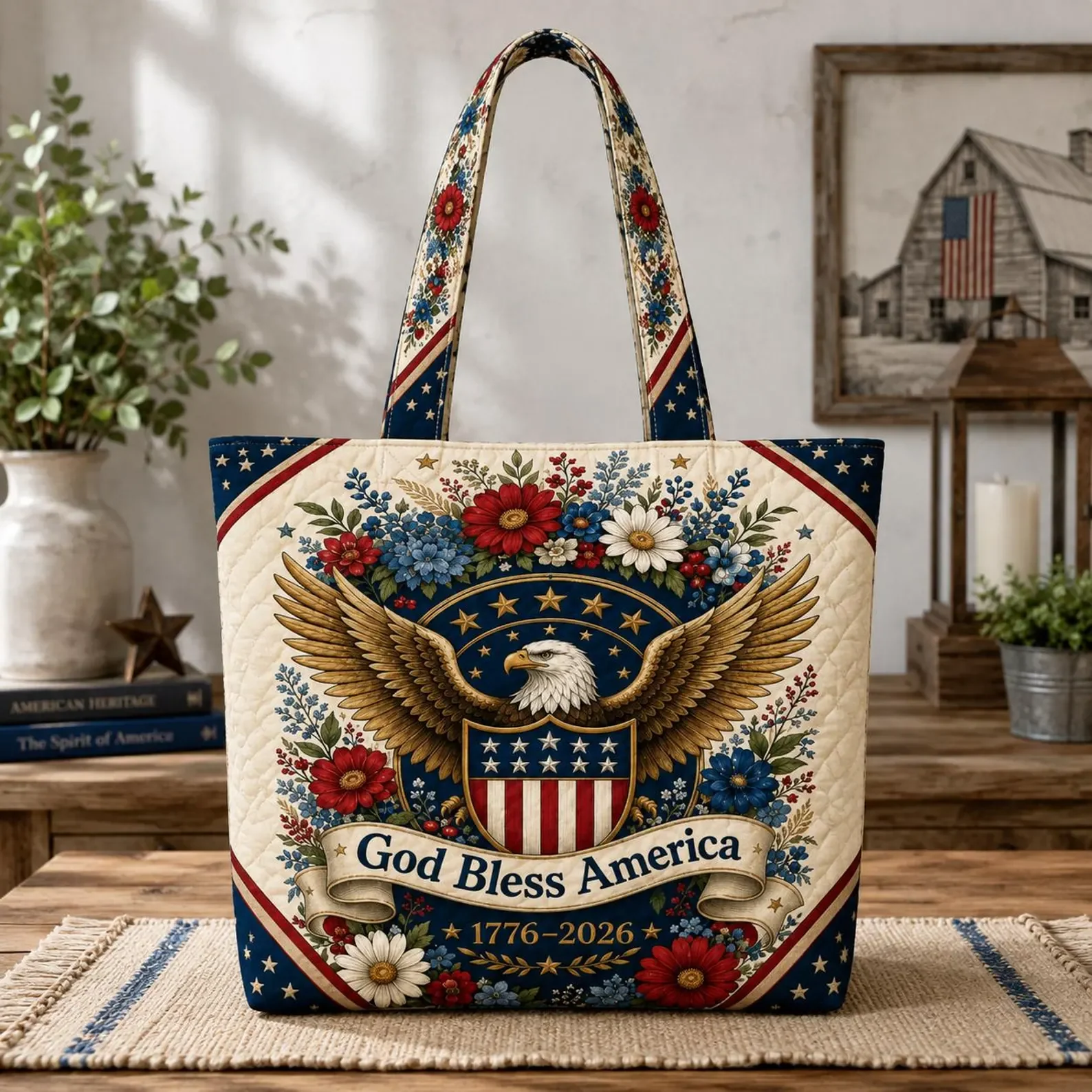 God Bless America Patriotic Eagle Floral - Quilted Tote Bag - Gift For Patriots - Image 3