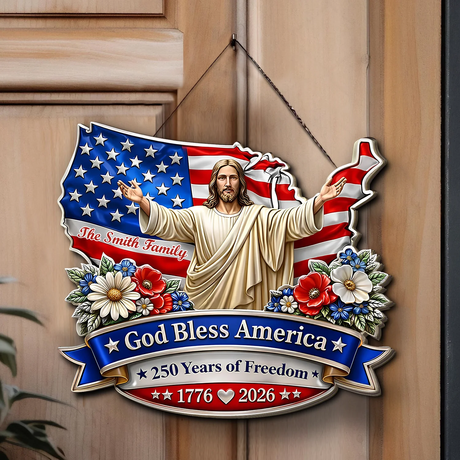 God Bless America - USA 250 Years Anniversary - Personalized Wooden Ornament