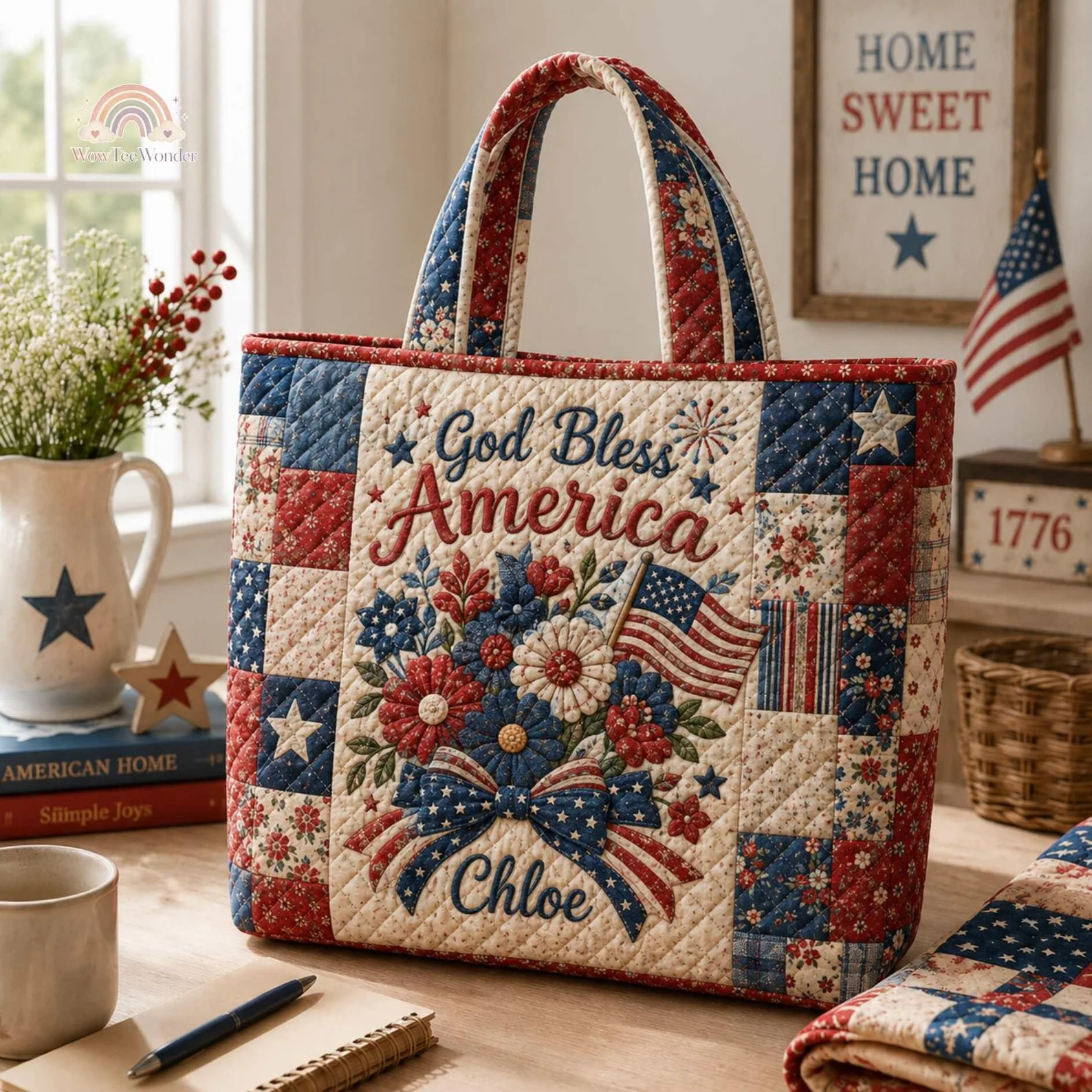 God Bless American 250 Years Of Freedom Patriotic Floral - Personalized Quilted Tote Bag - Gift For Patriots - Image 2
