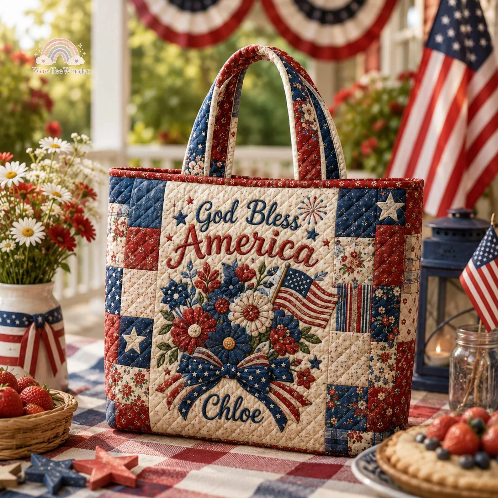 God Bless American 250 Years Of Freedom Patriotic Floral - Personalized Quilted Tote Bag - Gift For Patriots - Image 3
