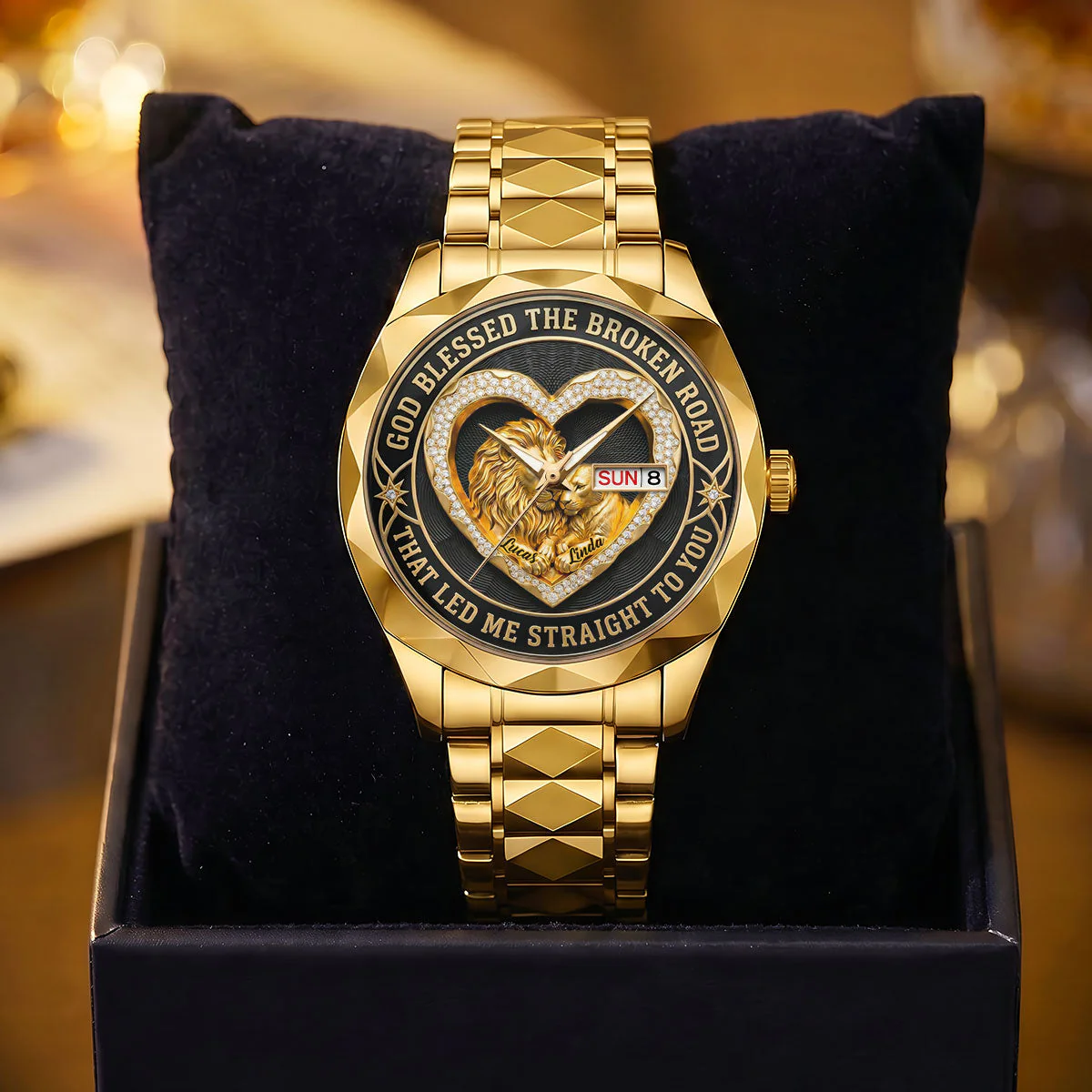 God Blessed The Broken Road Lion - Personalized Men's Wrist Watch - Gift For Couple - Image 3