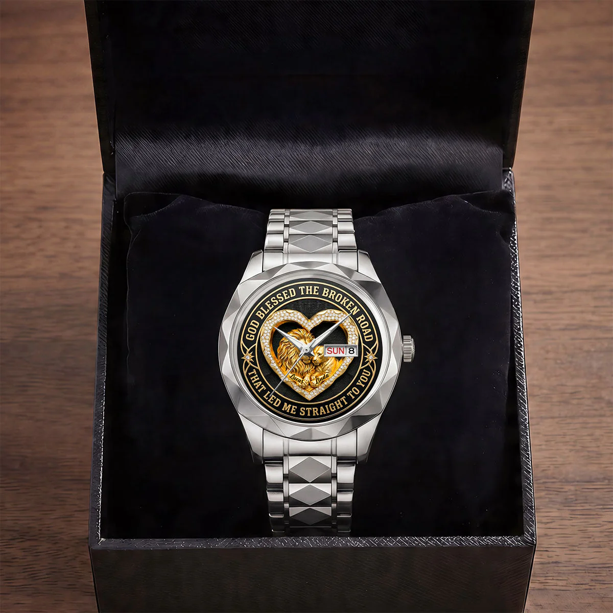 God Blessed The Broken Road Lion - Personalized Men's Wrist Watch - Gift For Couple - Image 4