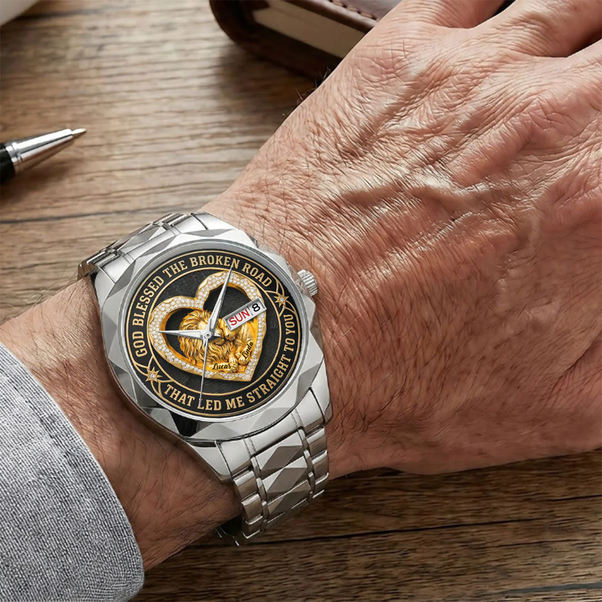 God Blessed The Broken Road Lion - Personalized Men's Wrist Watch - Gift For Couple - Image 7