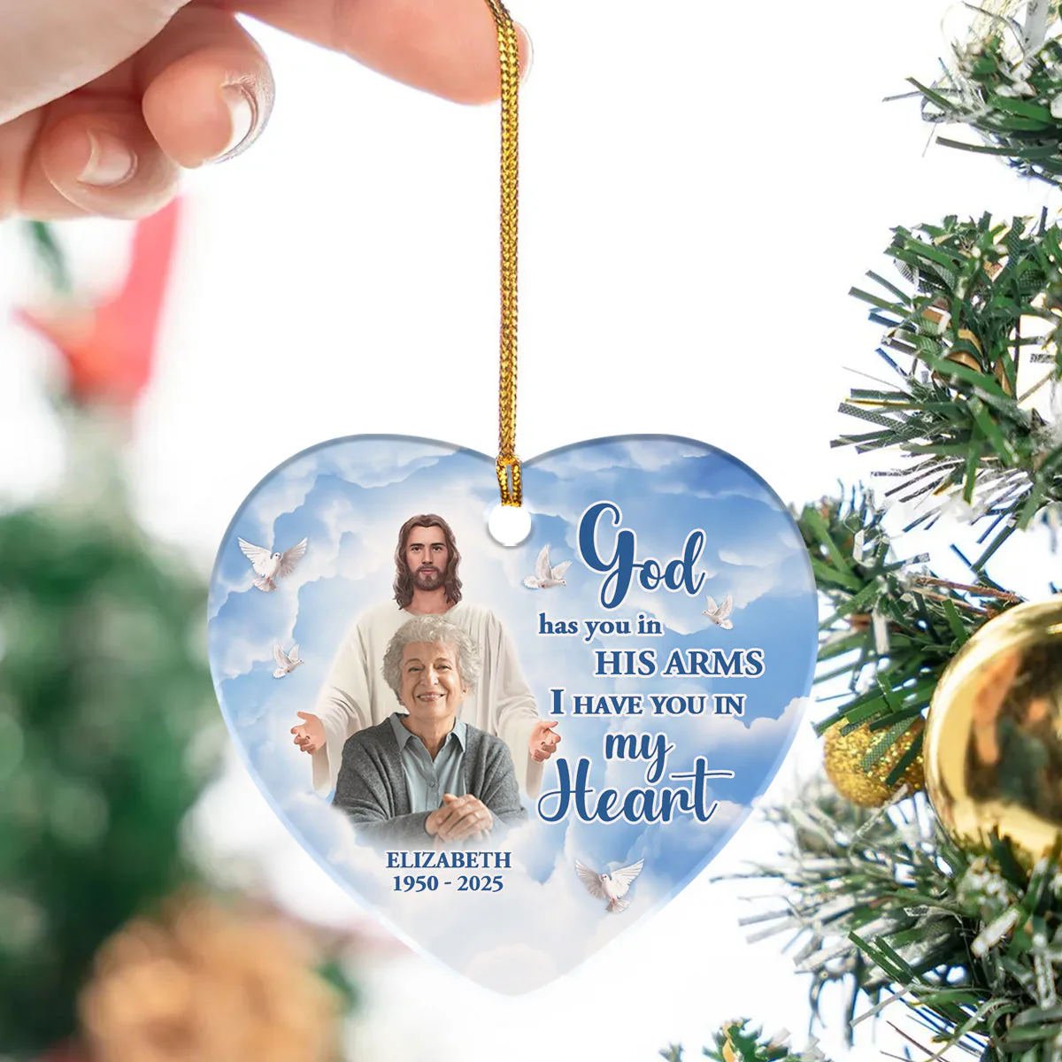 God Has You In His Arms - Personalized Ceramic Ornament - Photo Memorial Gift NL122 - Image 2